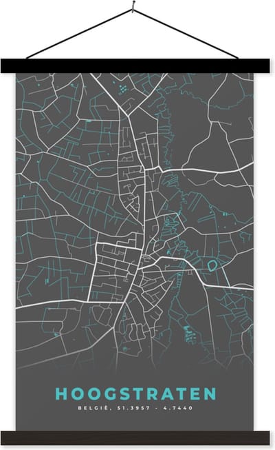 Posterhanger incl. Poster 40x60 cm - Schoolplaat - België – Hoogstraten – Stadskaart – Kaart – Blauw – Plattegrond - Textielposter - Zwarte latten - Stadskaart