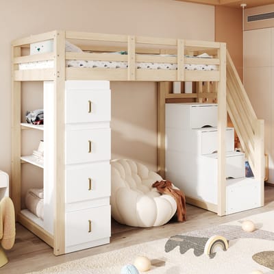 Hoogslaper 90 X 200 Cm Met Opberglades, Meerlaags Schap, Veilige Ladder, Multifunctioneel Bed Van Massief Hout, HoutkleurB