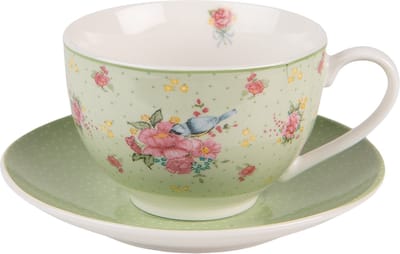 Clayre & Eef Kop en Schotel 200 ml Groen Beige Porselein Bloemen
