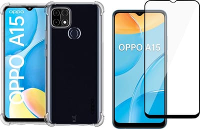 Hoesje geschikt voor Oppo A15 en Transparant Shock Proof Case + Screen Protector Glas Full Screen