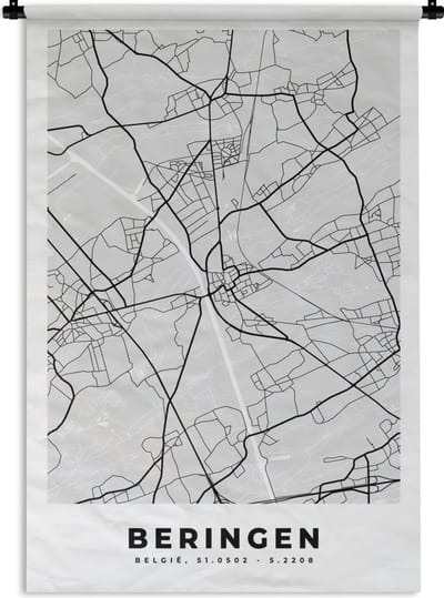 Wandkleed - Wanddoek - Zwart Wit – België – Plattegrond – Stadskaart – Kaart – Beringen - 120x180 cm - Wandtapijt