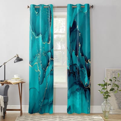 Aqua Marmer Gouden Lijnen Moderne Raamgordijnen voor Woonkamer Slaapkamer Gordijn Keuken Behandeling Jaloezieën Drapes 135W x 115H(cm) x1