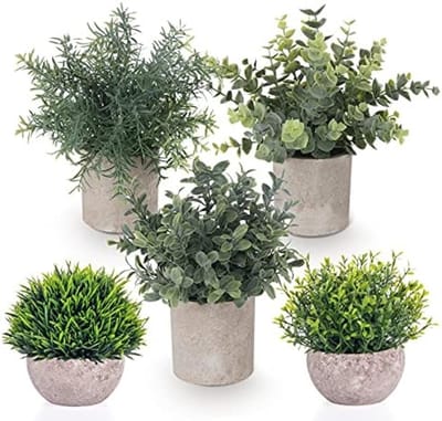 Set van 5 Mini Kunstplanten in Pot - Levensachtige Kunstmatige Planten Decoratie voor Binnenhuis - Eucalyptus en Rozemarijn Stijl - Onderhoudsvrije Groene Planten voor Huis, Kantoor en Balkon