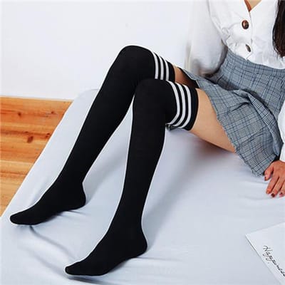 Chaussettes Longues Femme Hautes Cuisses Chaussettes Bas d'Halloween Sexy Haut Genou Chaussettes Rayées Lolita Arc-en-ciel Jk One Size black
