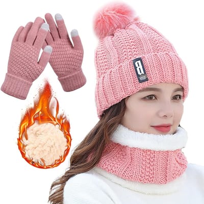 Warme Winterset voor Dames en Meisjes - Gebreide Muts, Sjaal en Handschoenen, Ideaal voor Koude Weer en Buitensporten, Zacht en Comfortabel in Roze