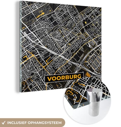 MuchoWow® Glasschilderij 50x50 cm - Schilderij acrylglas - Plattegrond - Voorburg - Goud - Zwart - Foto op glas - Schilderijen - Stadskaart