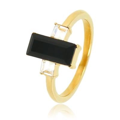 My Bendel - Ring Goudkleurig met Grote Zwarte Steen en Kleine Zirkonia - Goudkleurige Damesring - Zwarte Kristal - Witte Zirkonia Stenen - met Luxe Cadeauverpakking | Sieraden Voor Dames | Maat 17.00 Mm / Maat 53