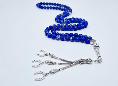 Handgemaakte tesbih "Tasbih" natuursteen " Lapis Lazuli" - Aantal kralen 99 - Diameter kralen 8MM - met metaal tassel "Hoefijzer" - Een mooi cadeau-idee