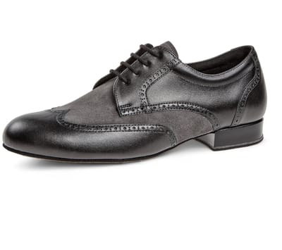 Diamant 099 - 025 - 376 - Brede Heren Dansschoenen - Zwart Leer met Grijs Suède - 2cm hak - Schuimrand voor extra steun - Stijlvolle en comfortabele herenschoen - Zwarte suède zool - Ballroom, Tango, Stijldansen, - Diamant - Zwart - Grijs - 44