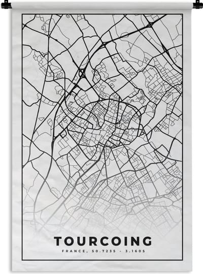 Wandkleed - Wanddoek - Stadskaart - Tourcoing - Plattegrond - Kaart - Frankrijk - Zwart wit - 120x180 cm - Wandtapijt