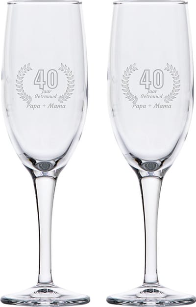 Gegraveerde set champagneglazen 16,5cl Papa + Mama 40 jaar getrouwd