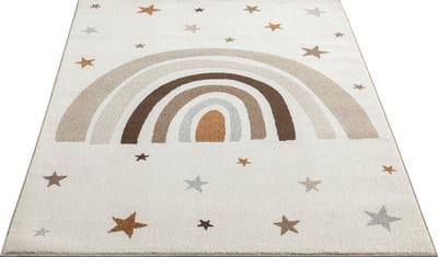 the carpet Beat Kids modern zacht kindertapijt, zachte pool, gemakkelijk te reinigen, kleurecht, regenboogmotief, crème met regenboog en sterren, 140 x 200 cm