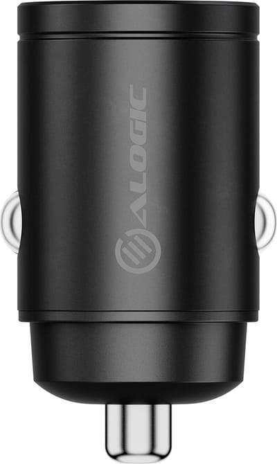 Alogic Rapid Power 2-poorts mini USB-C autolader – Aluminium Materiaal – 30W Max Vermogen – Geschikt voor 12-24V DC Auto Oplaad Socket/Sigarettenaansteker - Zwart