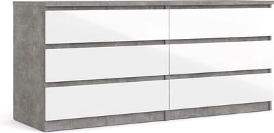 Nada kommode breed met 6 lades, betondecor/wit hoogglans.