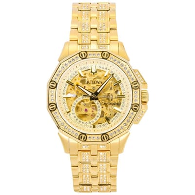 Bulova Octava Kristallen Accenten Roestvrij Staal Skelet Gouden Wijzerplaat Automatisch 98A292 Herenhorloge goud
