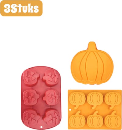 3 stuks - Siliconen bakvormen - Pompoenvormen - Herbruikbaar - Bakvormen - Geschikt voor Halloween en Pasen - Oven- en vriezerbestendig - Keukenaccessoires - Oranje + rood