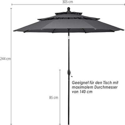 Tuin Parasol Ø300 cm Rond Kantelbaar met Zwengel – Windbestendig, Dubbel Geventileerd, Aluminium Frame, UV-Bescherming, Waterafstotend – Antraciet | Nicolehome
