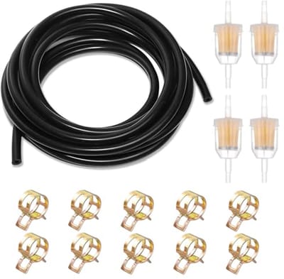 Dailygoods - Brandstofslang, 5 mm, 5 meter, set met 4 benzinefilters en 10 slangklemmen, brandstofleiding, dieselslang, olieslang voor kleine motorfiets, auto, scooter