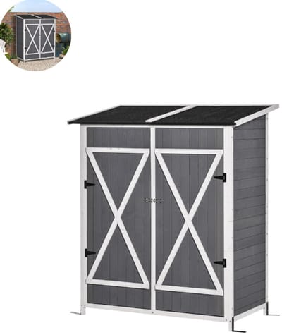 Tuinkast - Opbergkasten met deuren - Tuinhuis - Schuur - Voor buiten - Gereedschap - Grijs + Wit - Hout - 139B x 75D x 160H