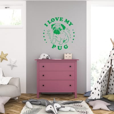 Muursticker - I Love My Pug - 58 x 60 - Groen