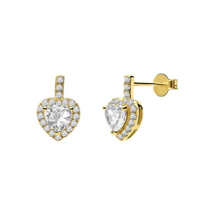 Lucardi Dames Zilveren goldplated oorknoppen hart zirkonia - Oorbellen - 925 Zilver - Goudkleurig
