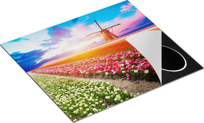 Chefcare Inductie Beschermer Kleurrijke Bloemenveld met een Windmolen - 60x50 cm - Afdekplaat Inductie - Kookplaat Beschermer - Inductie Mat