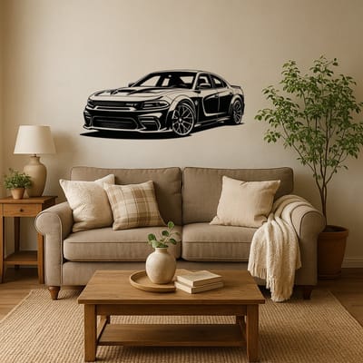 BR2Laser Dodge Charger Hellcat – Wanddecoratie – Lasergesneden Hout – Autokunst – 35 cm Breed