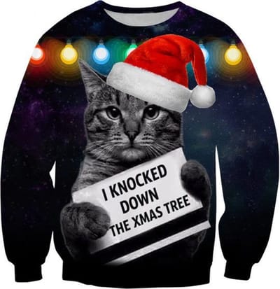 Foute kersttrui met kerstkat en kerstmuts - Maat S - Foute Kersttrui - Superfout - Foute trui - Feestkleding - Kerstkleding - Foute kleding - Kerst trui - Kersttrui dames - Kersttrui heren - Lelijke Kersttrui - Grappige Kersttrui - Kerstmuts