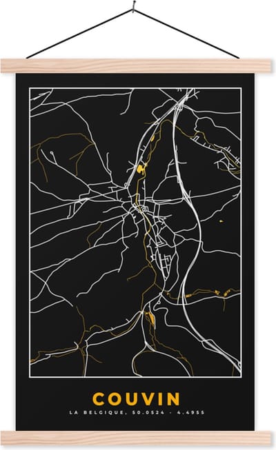 Posterhanger incl. Poster 40x60 cm - Schoolplaat - Gold - Couvin - Kaart - Plattegrond - Stadskaart - Textielposter - Blanke latten - Stadskaart
