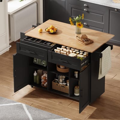 Clruro Keukeneiland - 145x45x94,5 cm - Met Klapblad Lade Verstelbare Planken En 5 Wielen - Hout - Naturel