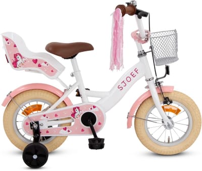 SJOEF Dolly Kinderfiets met Poppenzitje 12 inch | Geschikt voor 2-4 jaar | Kledingmaat 90-105 cm | Fiets voor Meisjes/Kinderen met Zijwieltjes | Verstelbaar Zadel en Stuur
