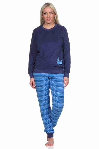 Dames badstof pyjama, broek gestreept, top met schattig dierenmotief - ook in oversize