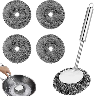 SnelShoppen - 5-delige set staal spons handvat, panreiniger roestvrij staal, staalwol spons voor het reinigen van keuken gerei zoals kookplaten, panne