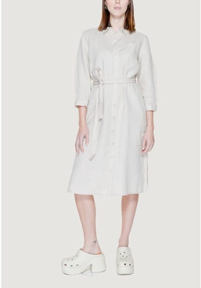 Street One solid Linen Shirt Dress - Dames Jurk - touch of sand - Maat 46