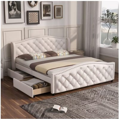 Gestoffeerd bed - MUVOE - 140 x 200 cm - 2 lades - Hoge hoofdbord - Hout en wit kunstleer wit