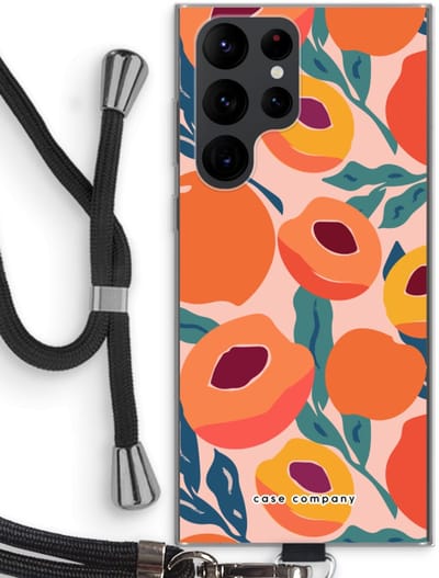 Case Company® - Hoesje met koord geschikt voor Samsung Galaxy S22 Ultra hoesje met Koord - Perzik - Telefoonhoesje met Zwart Koord - Bescherming aan alle Kanten en Over de Schermrand