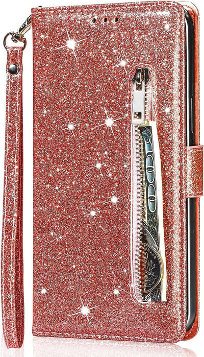 Glitter Bookcase Hoesje Geschikt voor: Samsung Galaxy A25 met rits - hoesje - portemonneehoesje - Rosegoud - ZT Accessoires