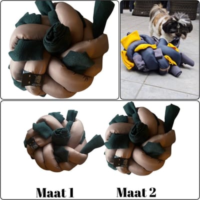 Snuffelkussen voor honden in de kleuren taupe en donkergroen. Maat 2. Hersenwerk voor honden, MadeByShuko. Knoopkussen - speelkussen - snuffelmat - brainwork - voerpuzzel - hondenpuzzel - slowfeeder - honden intelligentiespeelgoed - fun toy for dogs