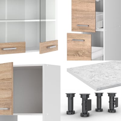 Vicco R-Line Keukenblok – 350 cm met hoge kast, met marmeren werkblad Sonoma/Wit