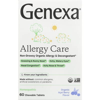 Genexa, Soin Allergie, soulagement des allergies et décongestionnant bio sans somnolence, baie d'açaï bio, 60 comprimés à croquer