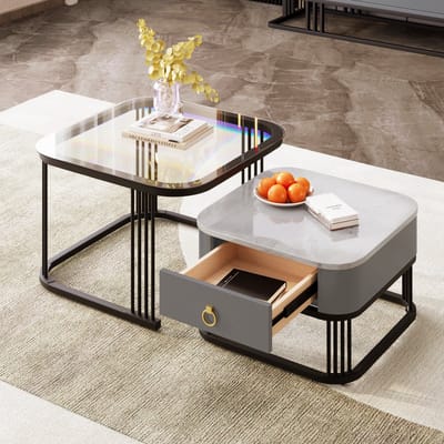 Sweiko 2-delige Set Salontafel, Hoogglans marmer look en glazen blad, zwarte poten,Bijzettafel met lades