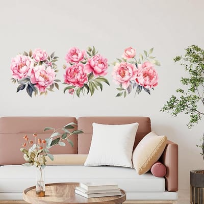 Mooie Roze Bloemen Wandstickers - 3 Delige Set van Pioenrozen voor Woonkamer, Slaapkamer en Keuken Decoratie