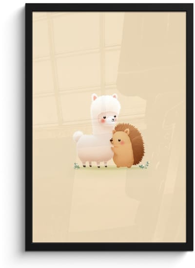 Poster in lijst - Fotolijst 40x60 cm - Posters - Alpaca - Egel - Bruin - Knuffelen - Posterlijst zwart - Decoratie - Wanddecoratie woonkamer - Muurdecoratie slaapkamer