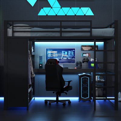 160x200cm hoogslaper met LED-licht - bureau - open kledingkast en opbergvakken - zwart - zonder matras