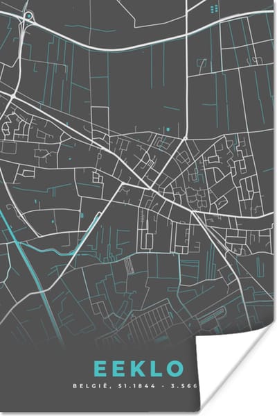 Poster België – Eeklo – Stadskaart – Kaart – Blauw – Plattegrond - 120x180 cm XXL