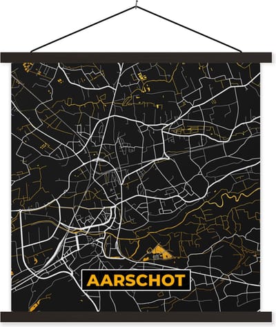 Posterhanger incl. Poster 60x60 cm - Schoolplaat - Stadskaart - Aarschot - Plattegrond - Kaart - Goud - Textielposter - Zwarte latten - Stadskaart