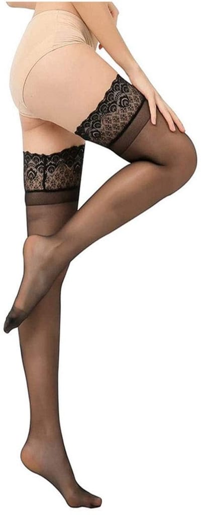 Dailygoods- Dij Hoge Kousen Siliconen Antislip - Kant Kousen - Semi-Ondoorzichtig - One Size - Zwart/NaaK - 80 cm Lang - Panty