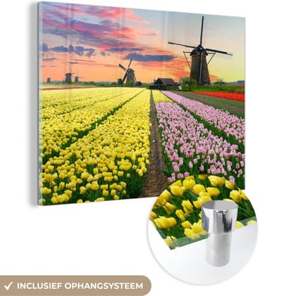 MuchoWow® Glasschilderij 40x30 cm - Schilderij acrylglas - Windmolen - Tulpen - Bloemen - Nederland - Foto op glas - Schilderijen