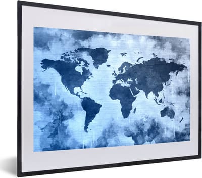 Poster in lijst - Fotolijst 60x40 cm - Posters - Wereldkaart - Kleur - Blauw - Posterlijst zwart - Decoratie - Wanddecoratie woonkamer - Muurdecoratie slaapkamer