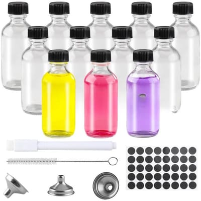 Famanu - Set van 12 glazen shotflessen 60 ml, herbruikbaar voor olie, gember, sap en likeur – Transparant